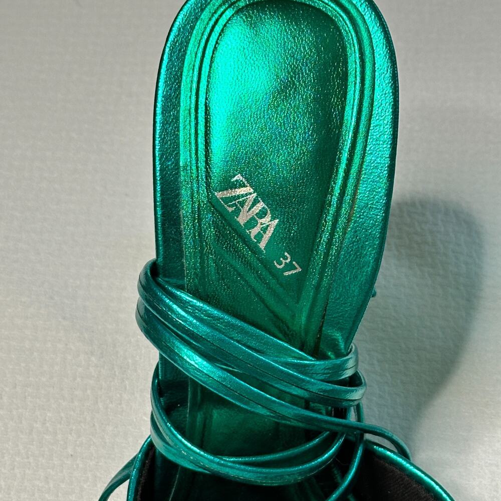 Zara Metallic Green Pointed Toe Lace Up Strappy Mule Heels EU 37 Party - Picture 5 of 7